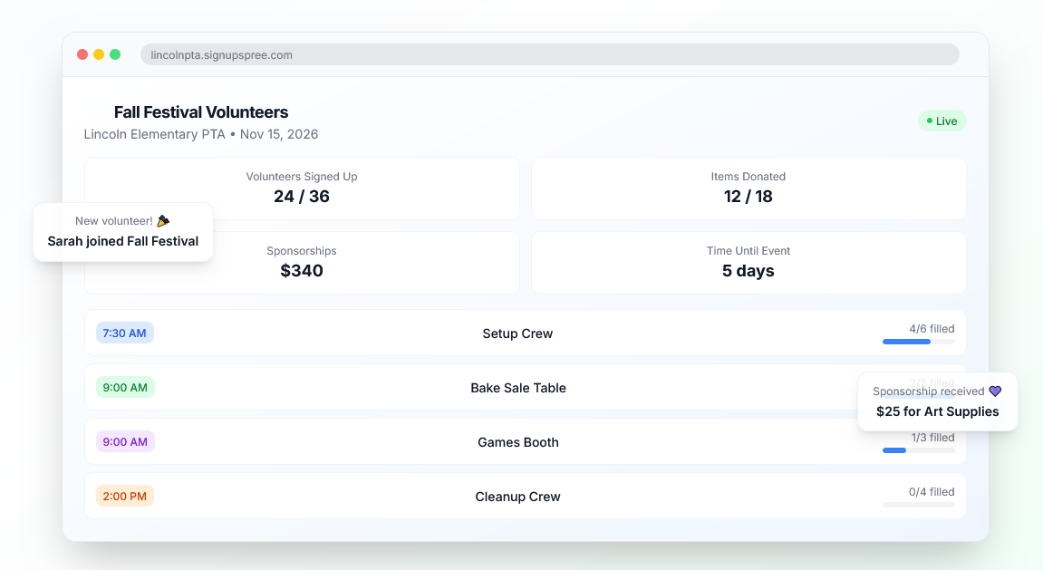SignUpSpree — volunteer sign-up platform for schools and communities
